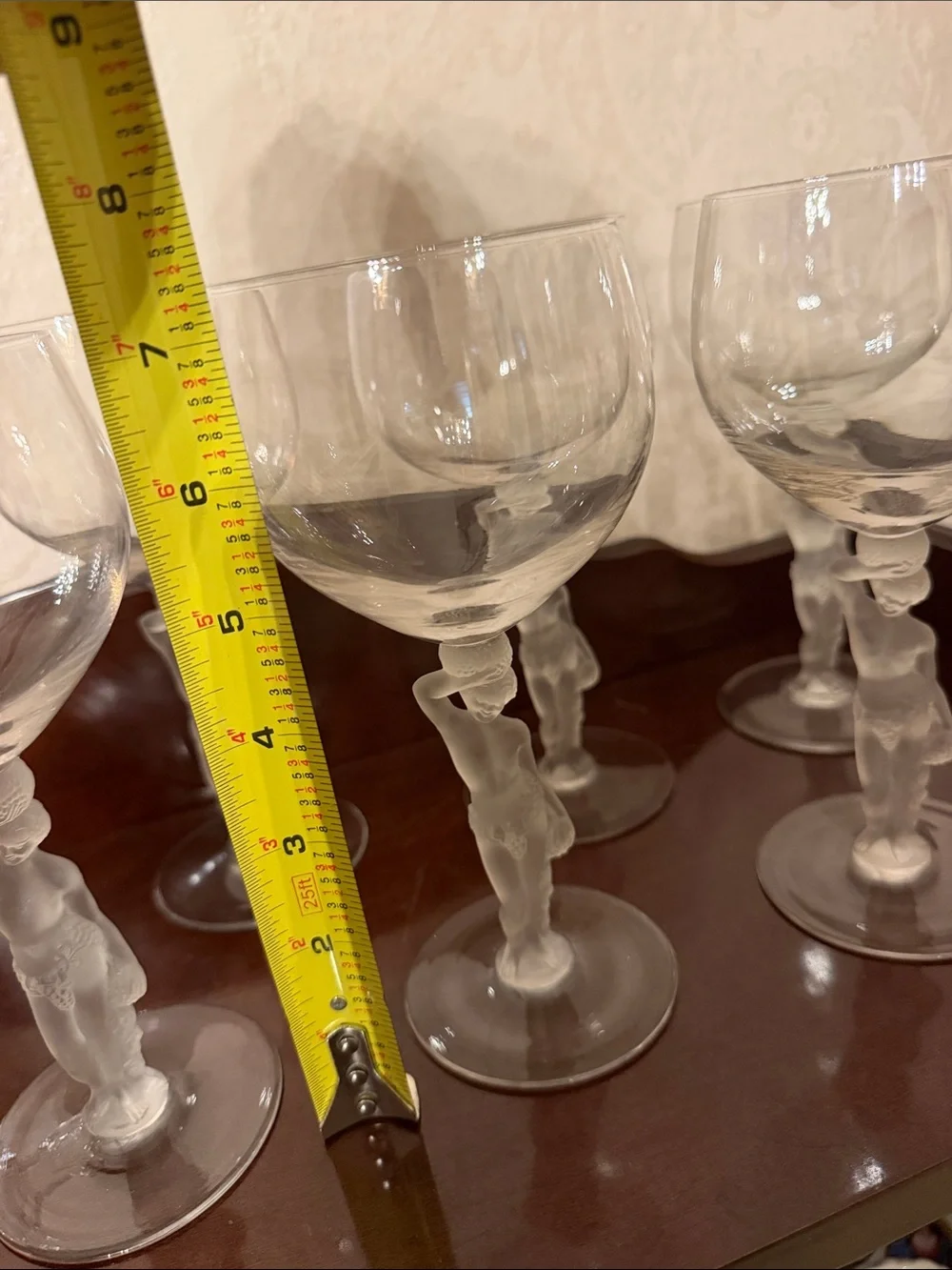 Set of 6 vintage France Bayel Bacchus stem figure crystal goblets, wine glasses